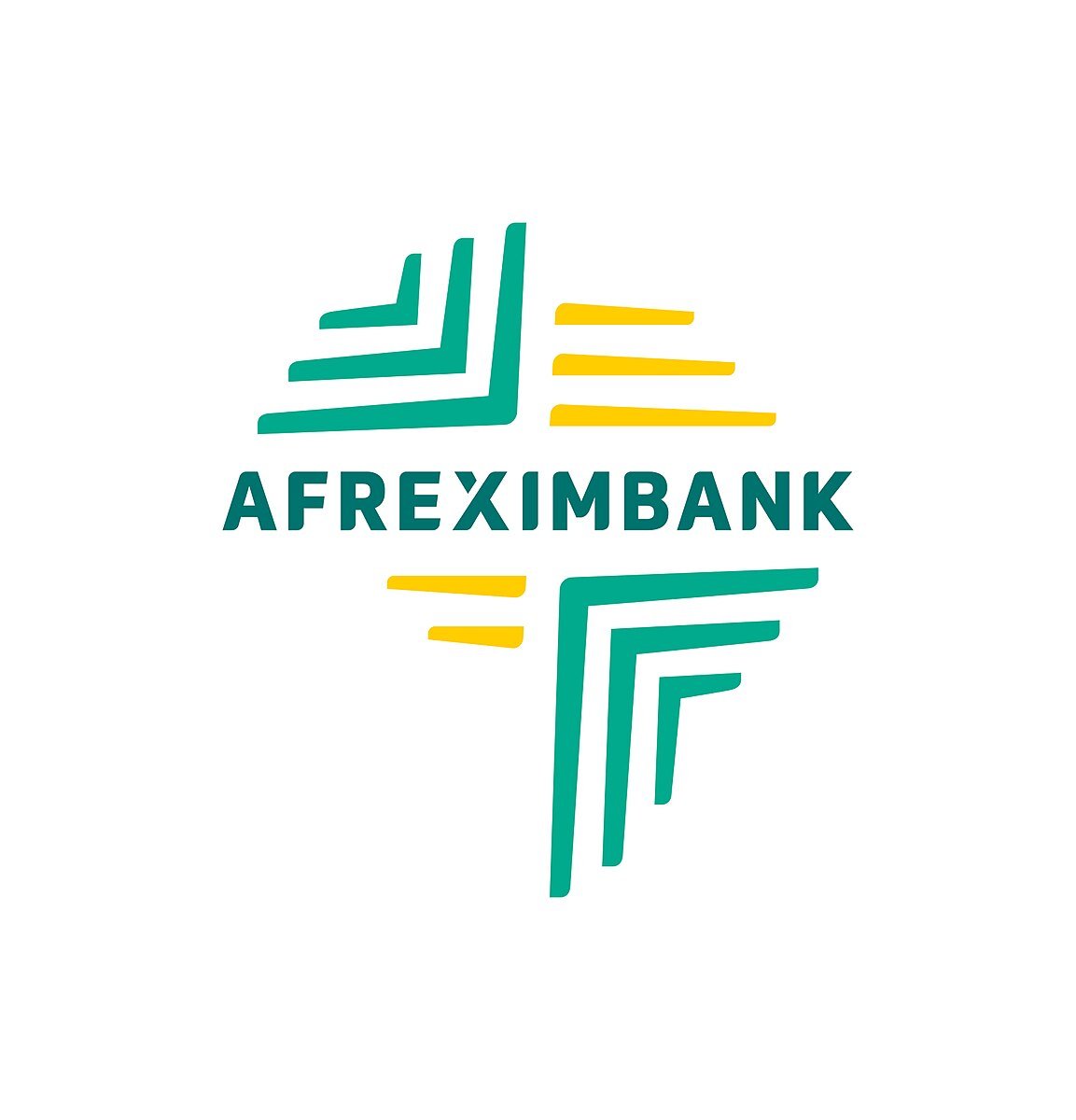 Le logo d'Afreximbank présente un design géométrique abstrait composé de lignes empilées et inclinées en turquoise et jaune, formant une forme symétrique en croix qui évoque la croissance et la connectivité. Au-dessous du design, le mot « AFREXIMBANK » est écrit en lettres turquoise majuscules grasses sur un fond blanc.