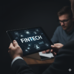 Une personne tenant une tablette affichant le mot « FINTECH » entouré d'icônes financières numériques, dans un cadre professionnel sombre.