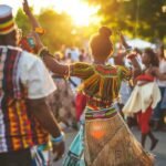 Des danseurs sud-africains en tenues traditionnelles zouloues colorées effectuant une danse à coups de pied hauts en plein air ; représentant le riche héritage culturel et le "Style de Vie" de l'Afrique du Sud.