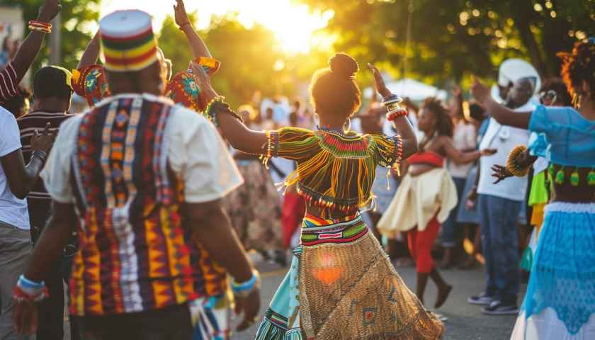 Des danseurs sud-africains en tenues traditionnelles zouloues colorées effectuant une danse à coups de pied hauts en plein air ; représentant le riche héritage culturel et le "Style de Vie" de l'Afrique du Sud.