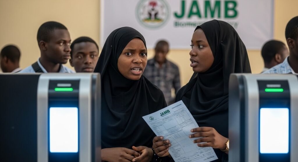 Normes Biométriques du JAMB : 5 Règles Absolues pour un UTME sans Fraude en 2026 Normes Biométriques du JAMB : Pourquoi les Normes Biométriques du JAMB sont Non Négociables: Deux étudiantes nigérianes en hijab examinant des documents dans un centre d'inscription biométrique du JAMB ; illustrant la transformation numérique du système éducatif au Nigeria.
