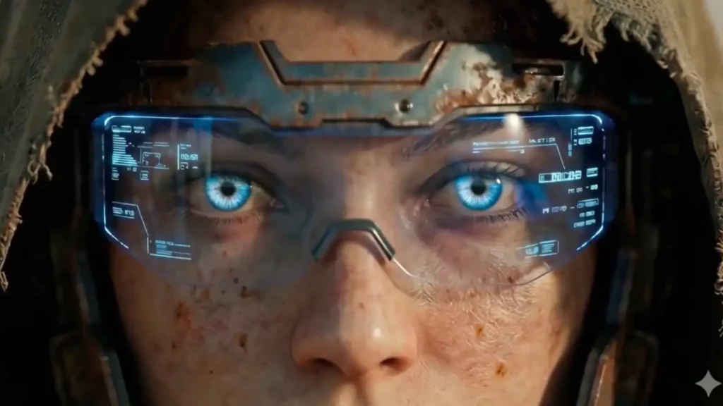 génération vidéo Kling AI: Gros plan d'une personne portant des lunettes de réalité augmentée de haute technologie avec des affichages oculaires bleus brillants ; représentant l'intégration de l'intelligence artificielle et de l'innovation numérique dans le secteur technologique africain