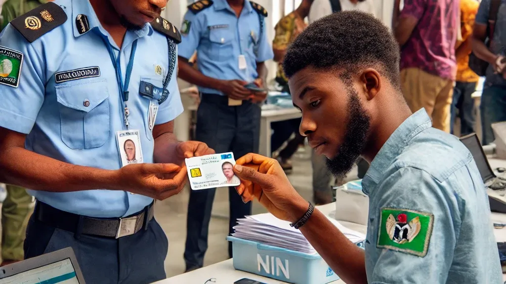 Base de données de recyclage SIM : 10 avantages massifs de ce bouclier de sécurité critique base de données de recyclage SIM: Un agent de sécurité nigérian vérifiant la carte d'identité nationale (NIN) d'un jeune citoyen dans un centre d'enregistrement ; illustrant les protocoles de sécurité numérique et d'identification en Afrique de l'Ouest.