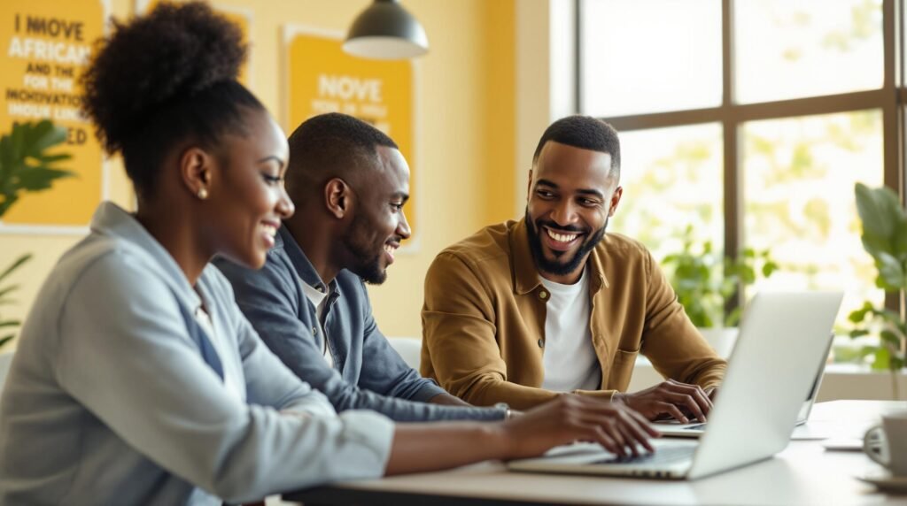 5 Raisons Explosives pour lesquelles les Géants de l’IA Africains Détrônent la Silicon Valley Trois jeunes entrepreneurs de la tech africaine souriants et collaborant sur des ordinateurs portables dans un bureau moderne et lumineux ; représentant la culture dynamique des startups sur le continent