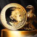 Une pièce commémorative plaquée or présentant le profil de Donald Trump et un pygargue à tête blanche sur fond noir ; illustrant la convergence entre le branding politique et le marché des actifs numériques.