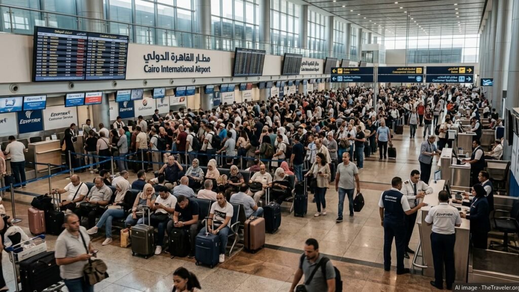 Voyage : L’Impact Sismique de l’Instabilité Régionale sur la Mobilité Internationale voyage: Vue d'ensemble de la zone d'enregistrement animée de l'aéroport du Caire avec passagers et tableaux d'affichage, représentant la connectivité régionale et l'importance des infrastructures de transport en Afrique du Nord.