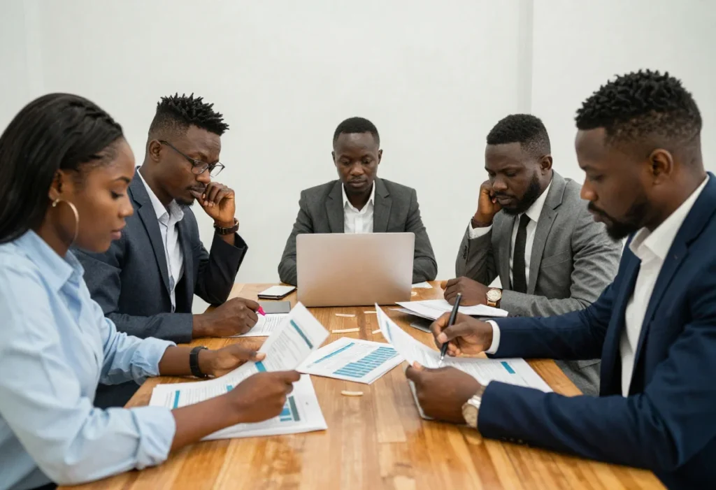 gestion de patrimoine: Une équipe professionnelle africaine de gestion de patrimoine lors d'une réunion d'affaires, examinant des rapports financiers et des données ; représentant l'investissement stratégique et la croissance institutionnelle